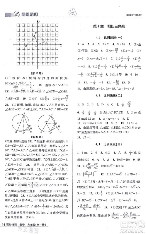 浙江人民出版社2021课时特训九年级数学全一册Z浙教版答案