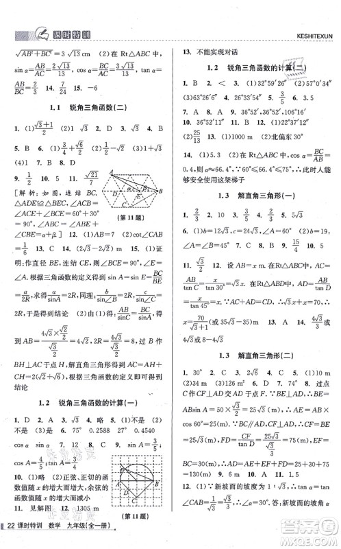 浙江人民出版社2021课时特训九年级数学全一册Z浙教版答案