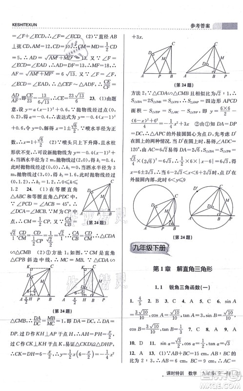 浙江人民出版社2021课时特训九年级数学全一册Z浙教版答案