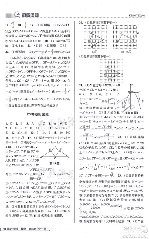 浙江人民出版社2021课时特训九年级数学全一册Z浙教版答案