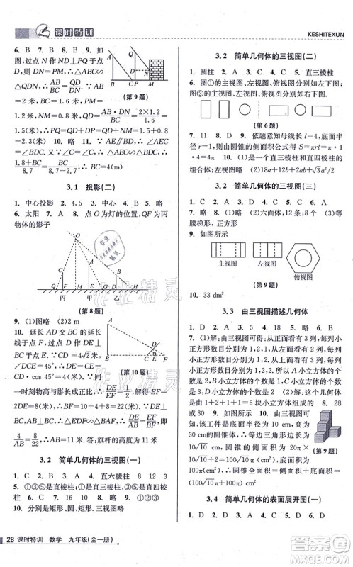 浙江人民出版社2021课时特训九年级数学全一册Z浙教版答案