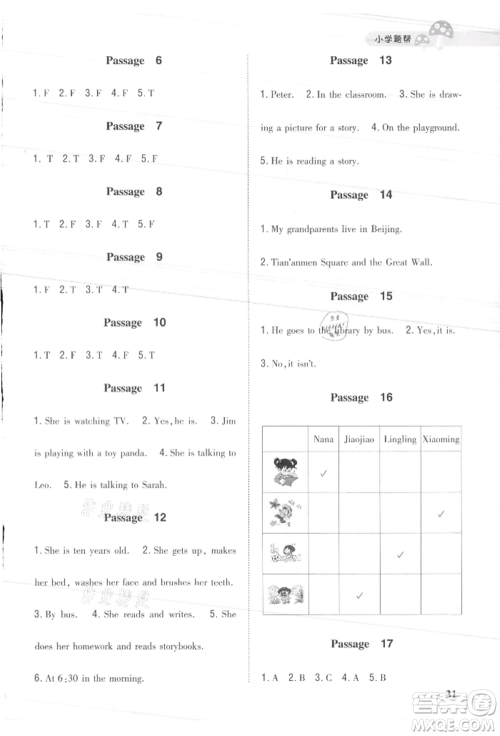 吉林人民出版社2021小学题帮四年级英语上册人教版参考答案