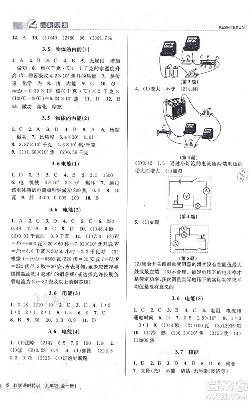 浙江人民出版社2021课时特训九年级科学全一册Z浙教版答案