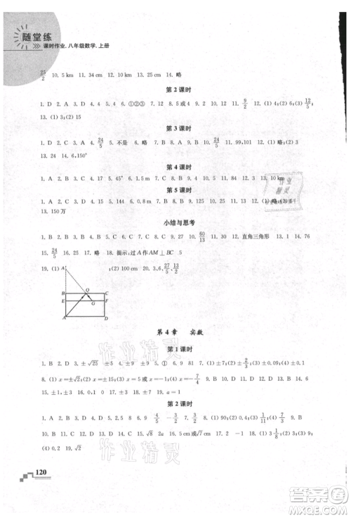 河海大学出版社2021随堂练课时作业八年级数学上册苏科版参考答案