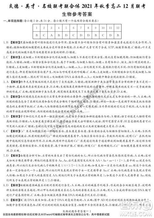 湖南名校联考联合体2021年秋季高二12月大联考生物试题及答案 湖南名校联考联合体2021年秋季高二12月大联考生物试题及答案