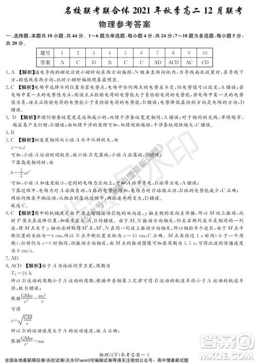 湖南名校联考联合体2021年秋季高二12月大联考物理试题及答案