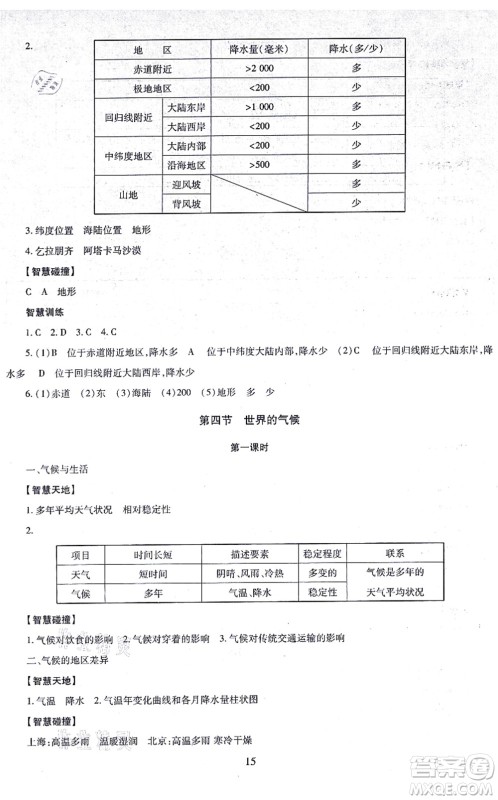 明天出版社2021智慧学习导学练七年级地理上册人教版答案