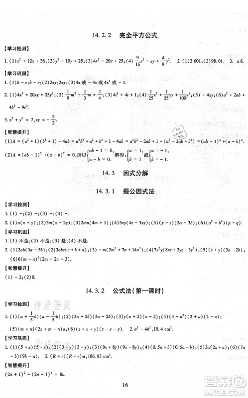 明天出版社2021智慧学习导学练八年级数学上册人教版答案