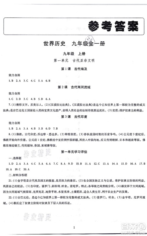 明天出版社2021智慧学习导学练九年级历史全一册人教版答案 明天出版社2021智慧学习导学练九年级历史全一册人教版答案