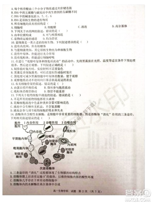 2021学年第一学期浙江省精诚联盟12月联考高一生物试题及答案