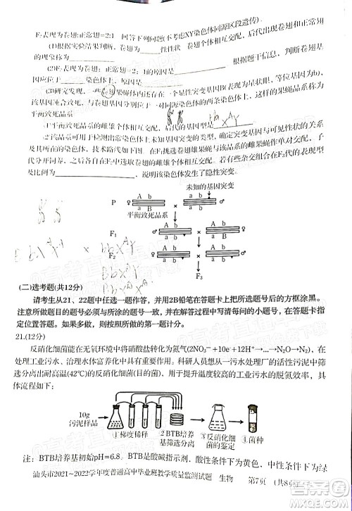 汕头市2021-2022学年度普通高中毕业班教学质量监测试题生物答案 汕头市2021-2022学年度普通高中毕业班教学质量监测试题生物答案