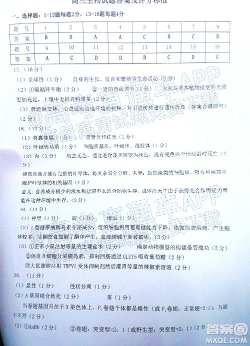 汕头市2021-2022学年度普通高中毕业班教学质量监测试题生物答案 汕头市2021-2022学年度普通高中毕业班教学质量监测试题生物答案