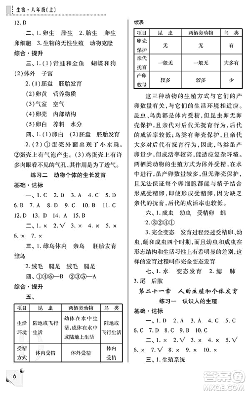 陕西师范大学出版总社2021课堂练习册八年级生物上册D苏科版答案