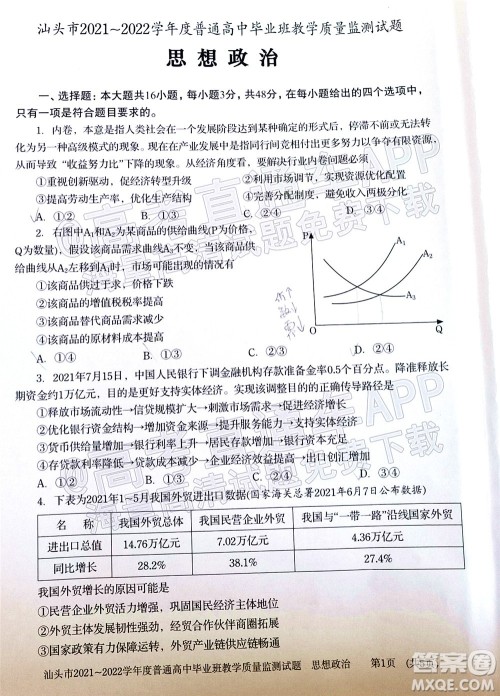 汕头市2021-2022学年度普通高中毕业班教学质量监测试题思想政治答案 汕头市2021-2022学年度普通高中毕业班教学质量监测试题思想政治答案