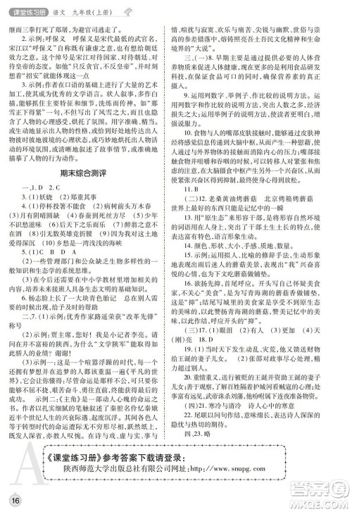 陕西师范大学出版总社2021课堂练习册九年级语文上册A人教版答案