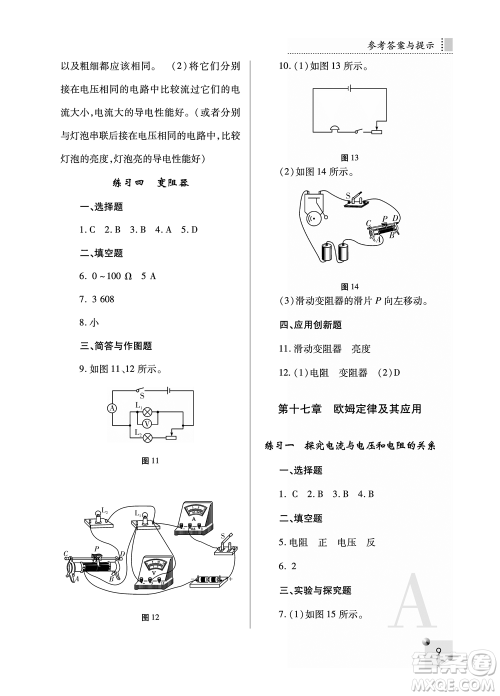 陕西师范大学出版总社2021课堂练习册九年级物理上册A人教版答案