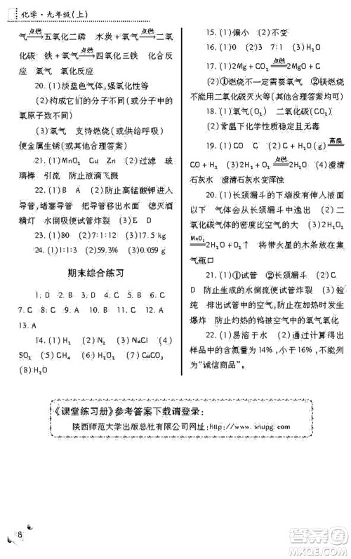 陕西师范大学出版总社2021课堂练习册九年级化学上册A人教版答案