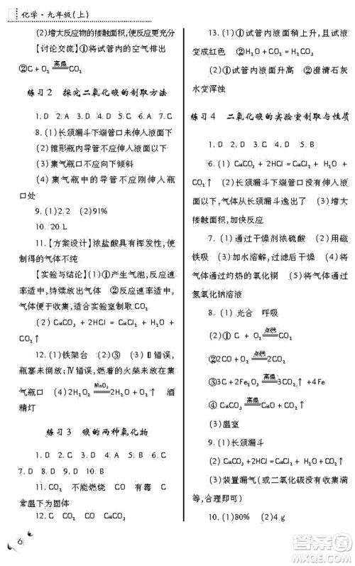 陕西师范大学出版总社2021课堂练习册九年级化学上册A人教版答案