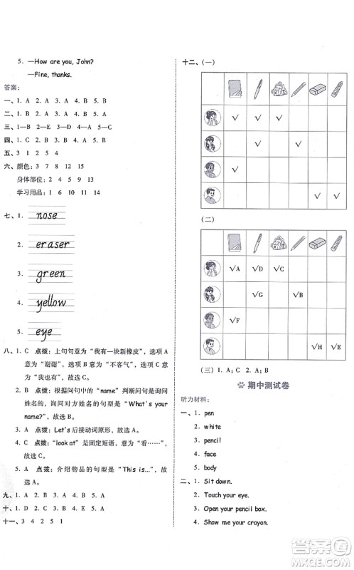 吉林教育出版社2021荣德基好卷三年级英语上册PEP版答案