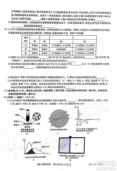 2021-2022年度河南省第五次高三联考理科综合试题及答案 2021-2022年度河南省第五次高三联考理科综合试题及答案