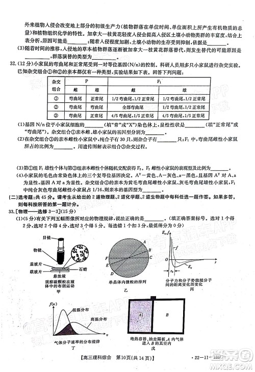 2021-2022年度河南省第五次高三联考理科综合试题及答案