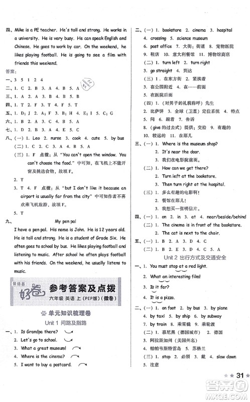 吉林教育出版社2021荣德基好卷六年级英语上册PEP版答案
