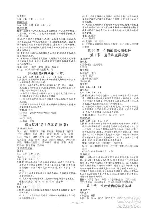 吉林教育出版社2021练案课时作业本八年级生物学上册北师大版参考答案