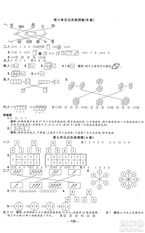 江西教育出版社2021阳光同学一线名师全优好卷一年级数学上册SJ苏教版答案