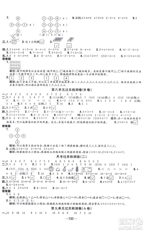 江西教育出版社2021阳光同学一线名师全优好卷一年级数学上册SJ苏教版答案