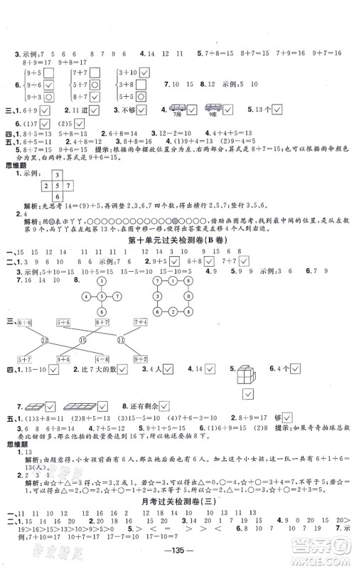 江西教育出版社2021阳光同学一线名师全优好卷一年级数学上册SJ苏教版答案