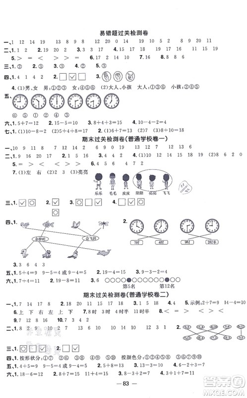 江西教育出版社2021阳光同学一线名师全优好卷一年级数学上册BS北师版答案 江西教育出版社2021阳光同学一线名师全优好卷一年级数学上册BS北师版答案