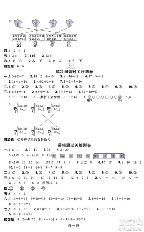 福建少年儿童出版社2021阳光同学一线名师全优好卷一年级数学上册RJ人教版福建专版答案