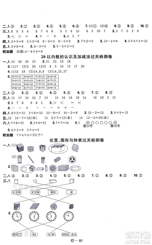 福建少年儿童出版社2021阳光同学一线名师全优好卷一年级数学上册RJ人教版福建专版答案