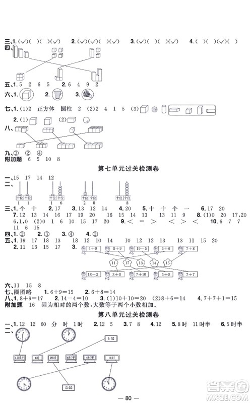 江西教育出版社2021阳光同学一线名师全优好卷一年级数学上册BS北师版福建专版答案