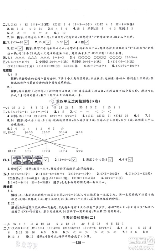 江西教育出版社2021阳光同学一线名师全优好卷二年级数学上册SJ苏教版答案