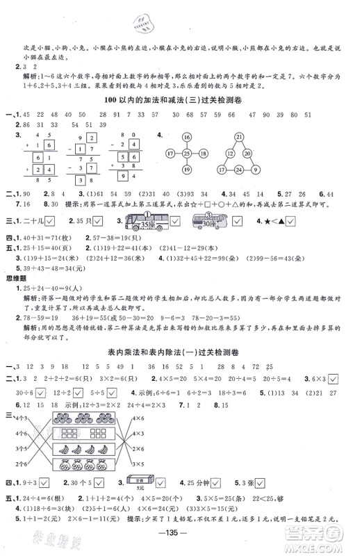 江西教育出版社2021阳光同学一线名师全优好卷二年级数学上册SJ苏教版答案