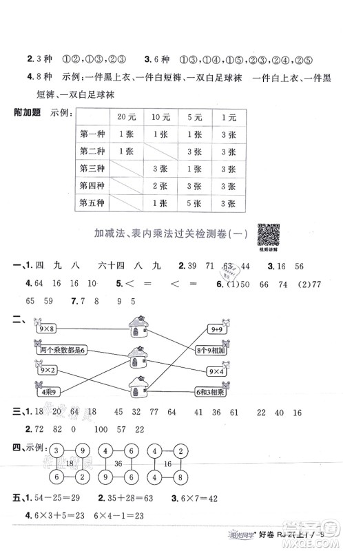 江西教育出版社2021阳光同学一线名师全优好卷二年级数学上册RJ人教版答案