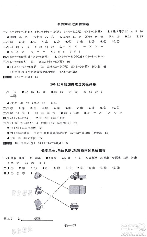 福建少年儿童出版社2021阳光同学一线名师全优好卷二年级数学上册RJ人教版福建专版答案