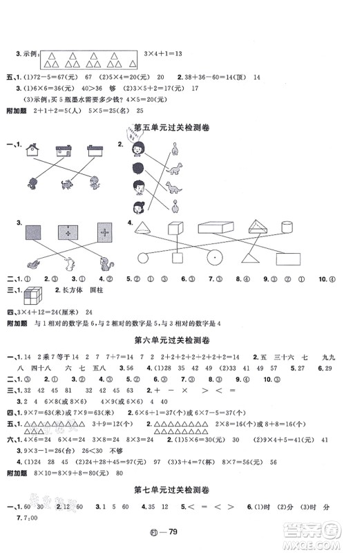 福建少年儿童出版社2021阳光同学一线名师全优好卷二年级数学上册RJ人教版福建专版答案