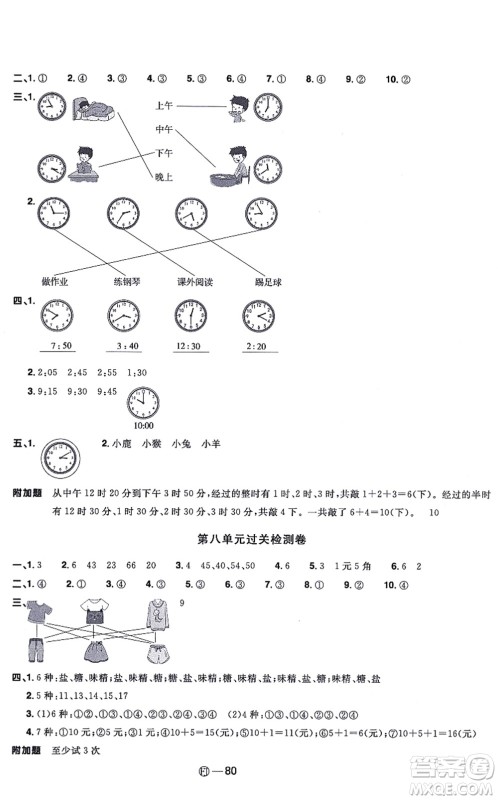 福建少年儿童出版社2021阳光同学一线名师全优好卷二年级数学上册RJ人教版福建专版答案