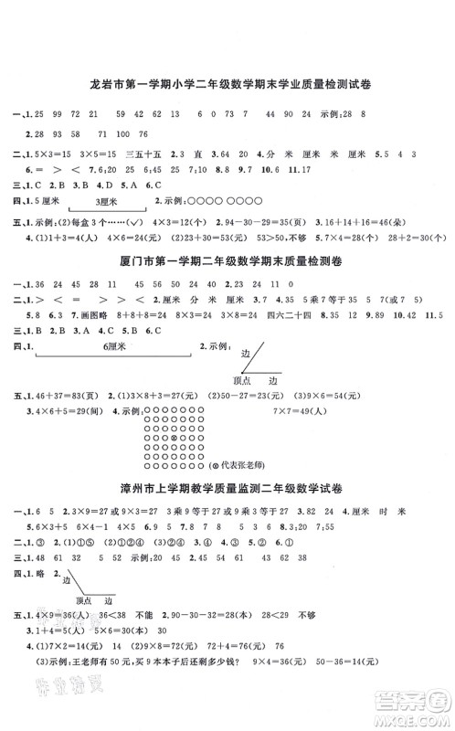 福建少年儿童出版社2021阳光同学一线名师全优好卷二年级数学上册RJ人教版福建专版答案