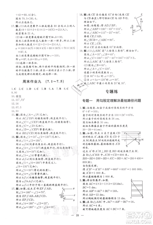 吉林教育出版社2021练案课时作业本八年级数学上册北师大版参考答案
