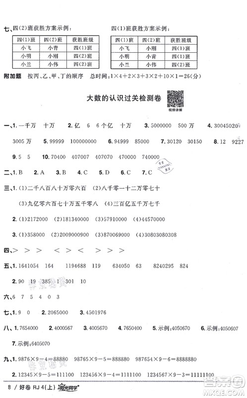 江西教育出版社2021阳光同学一线名师全优好卷四年级数学上册RJ人教版答案 江西教育出版社2021阳光同学一线名师全优好卷四年级数学上册RJ人教版答案