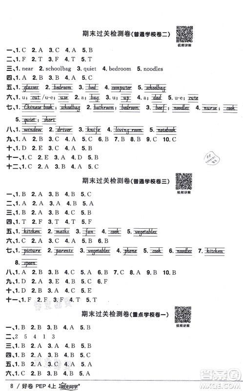 江西教育出版社2021阳光同学一线名师全优好卷四年级英语上册PEP版答案