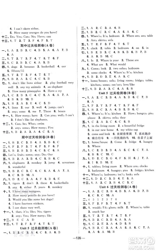 江西教育出版社2021阳光同学一线名师全优好卷四年级英语上册YL译林版答案