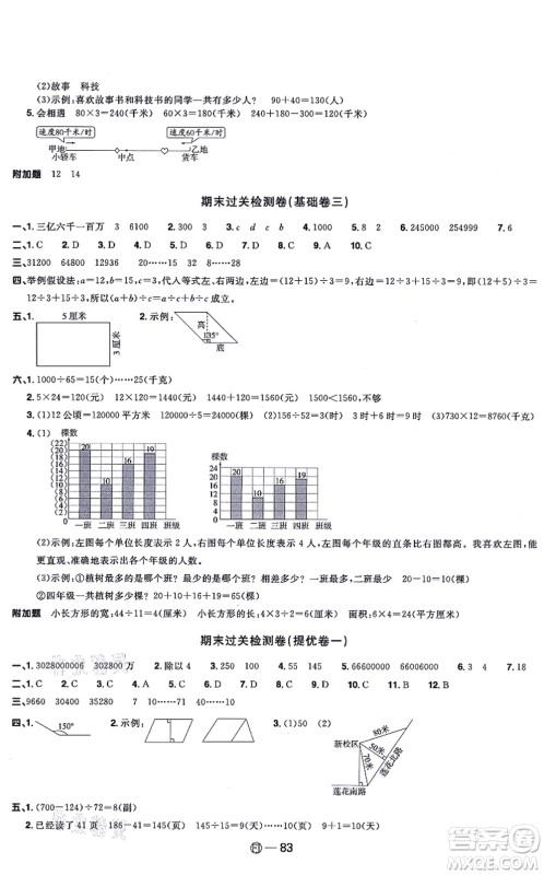 福建少年儿童出版社2021阳光同学一线名师全优好卷四年级数学上册RJ人教版福建专版答案