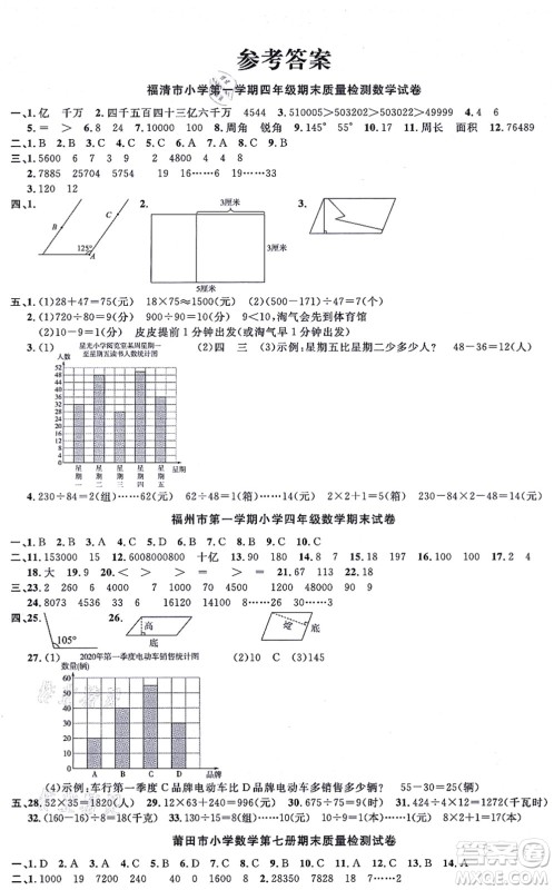 福建少年儿童出版社2021阳光同学一线名师全优好卷四年级数学上册RJ人教版福建专版答案