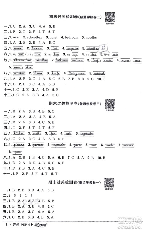 江西教育出版社2021阳光同学一线名师全优好卷四年级英语上册PEP版山东专版答案