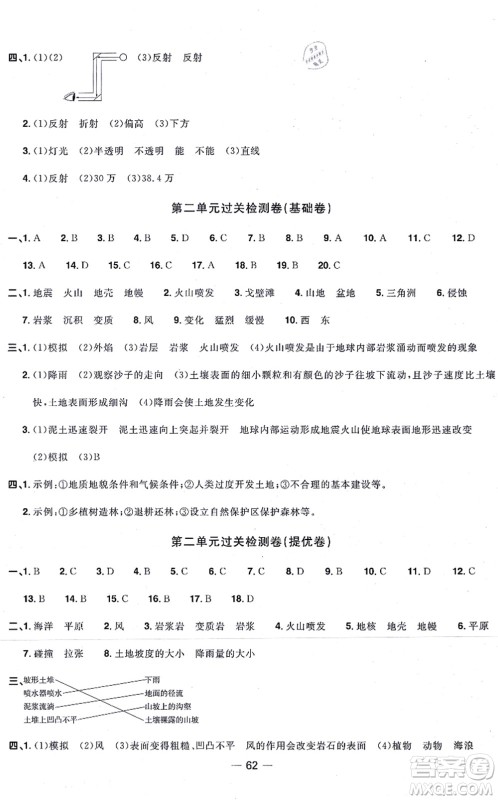 江西教育出版社2021阳光同学一线名师全优好卷五年级科学上册JK教科版答案