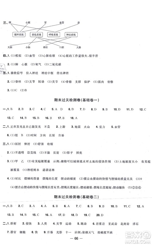 江西教育出版社2021阳光同学一线名师全优好卷五年级科学上册JK教科版答案